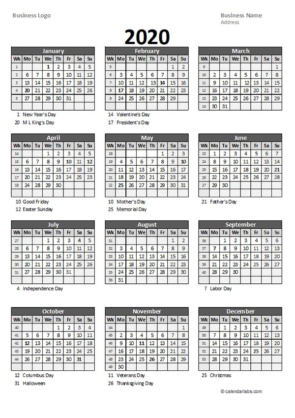 2020 Yearly Business Calendar With Week Number - Free