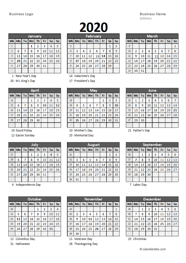 2020 Yearly Business Calendar With Week Number - Free