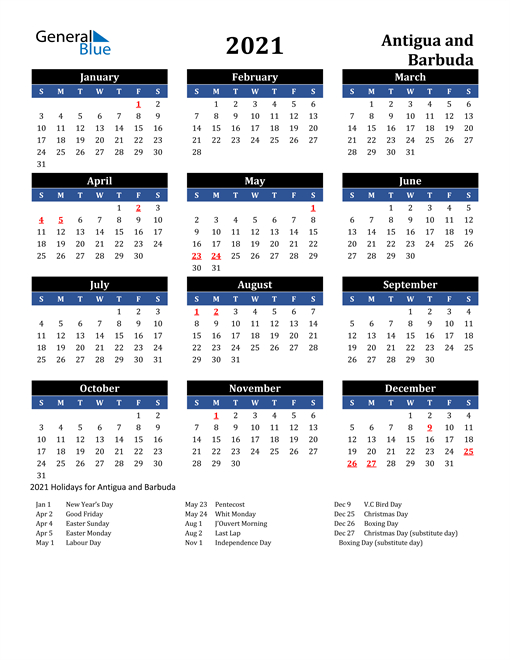 2021 Calendar - Antigua And Barbuda With Holidays