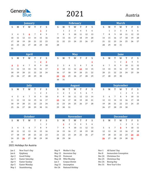 2021 Calendar - Austria With Holidays