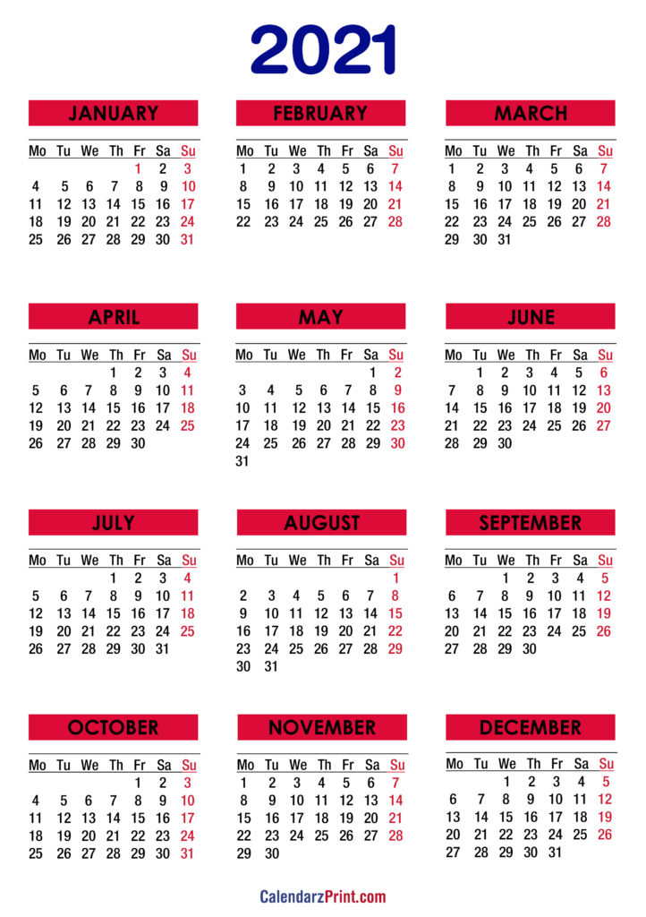 2021 Calendar Printable Free, Colorful - Monday Start