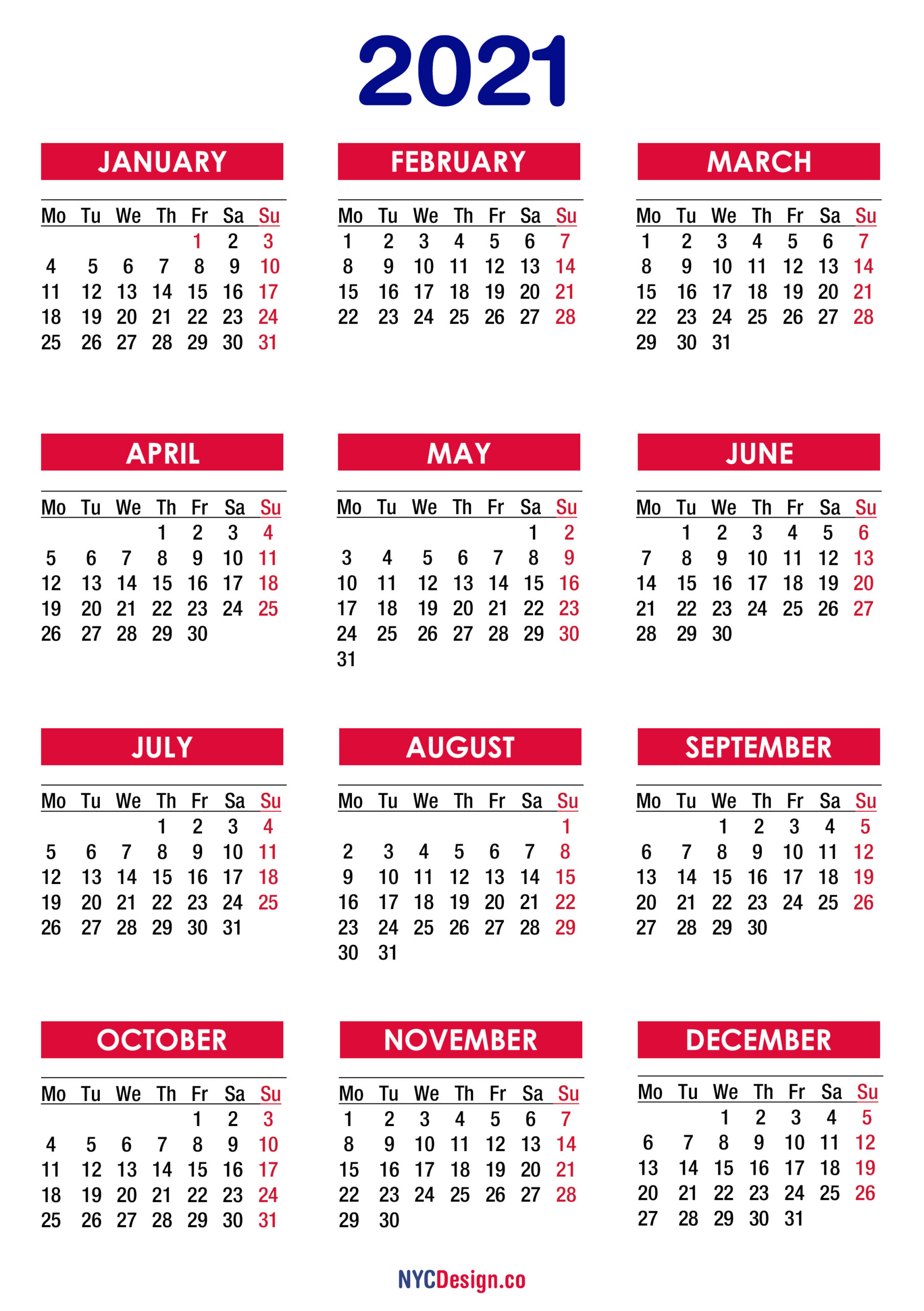 2021 Calendar Printable Free, Pdf, Colorful - Monday Start