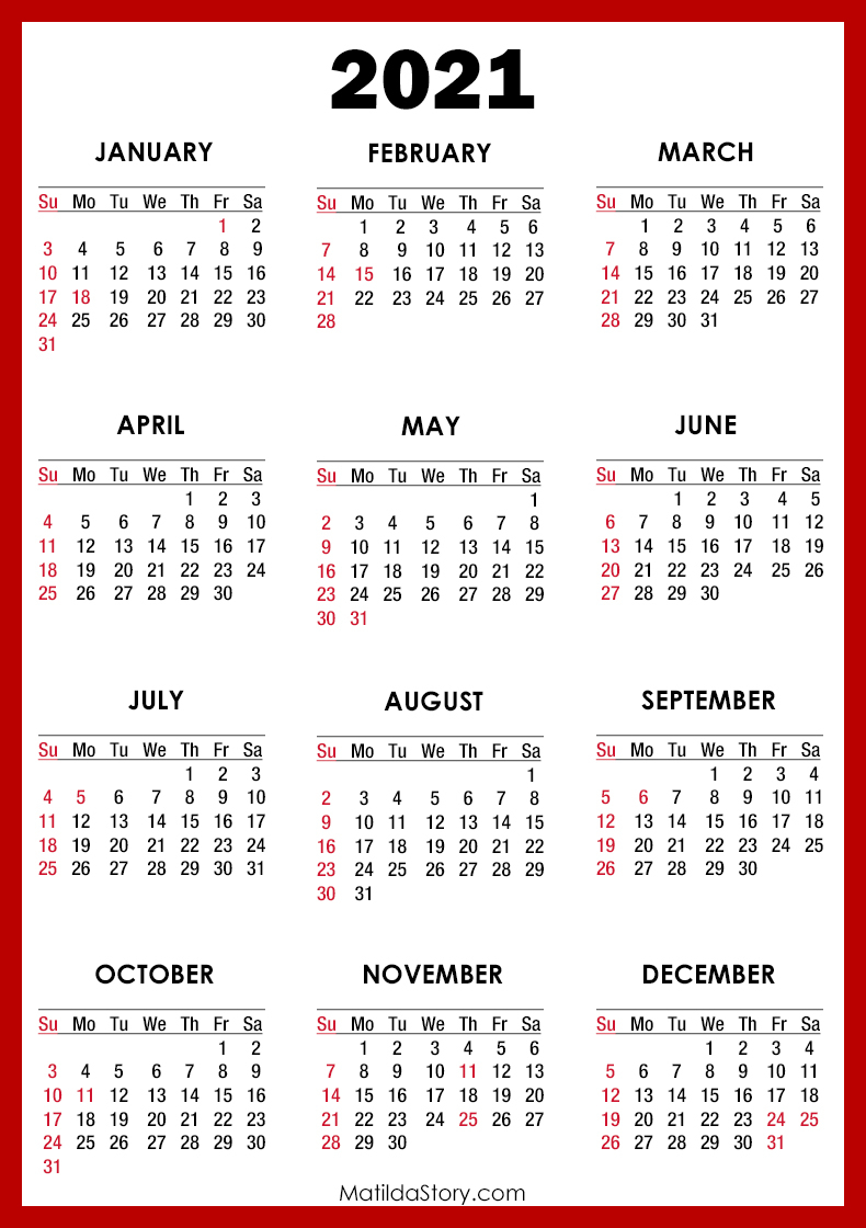 2021 Calendar With Holidays, Printable Free, Red - Sunday