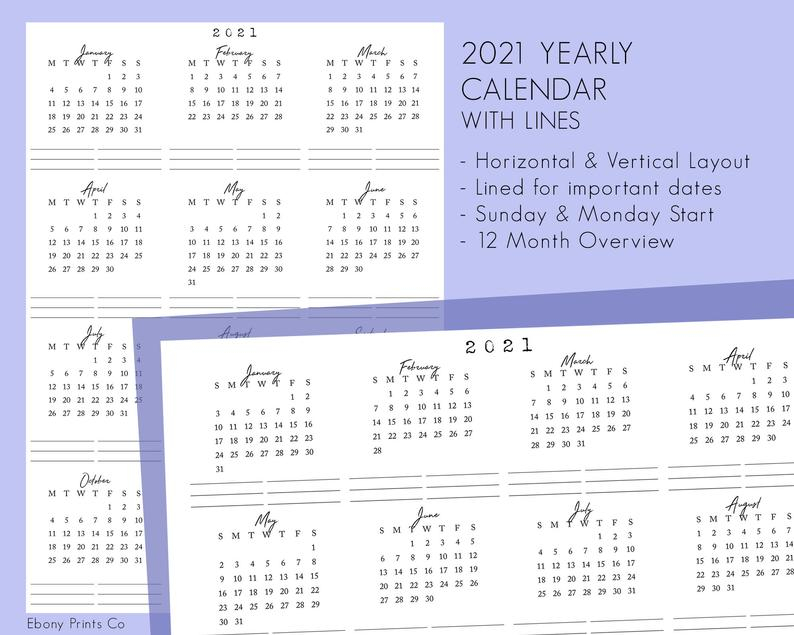 2021 Calendar With Lines 12 Months Year At A Glance Insert