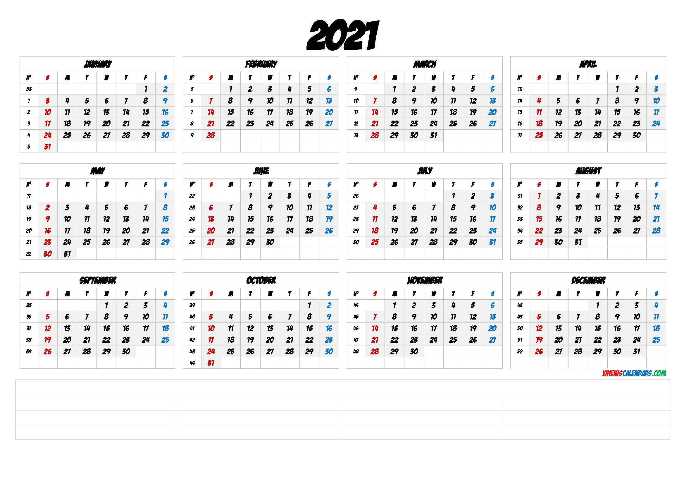 2021 Calendar With Week Number Printable Free / 2021