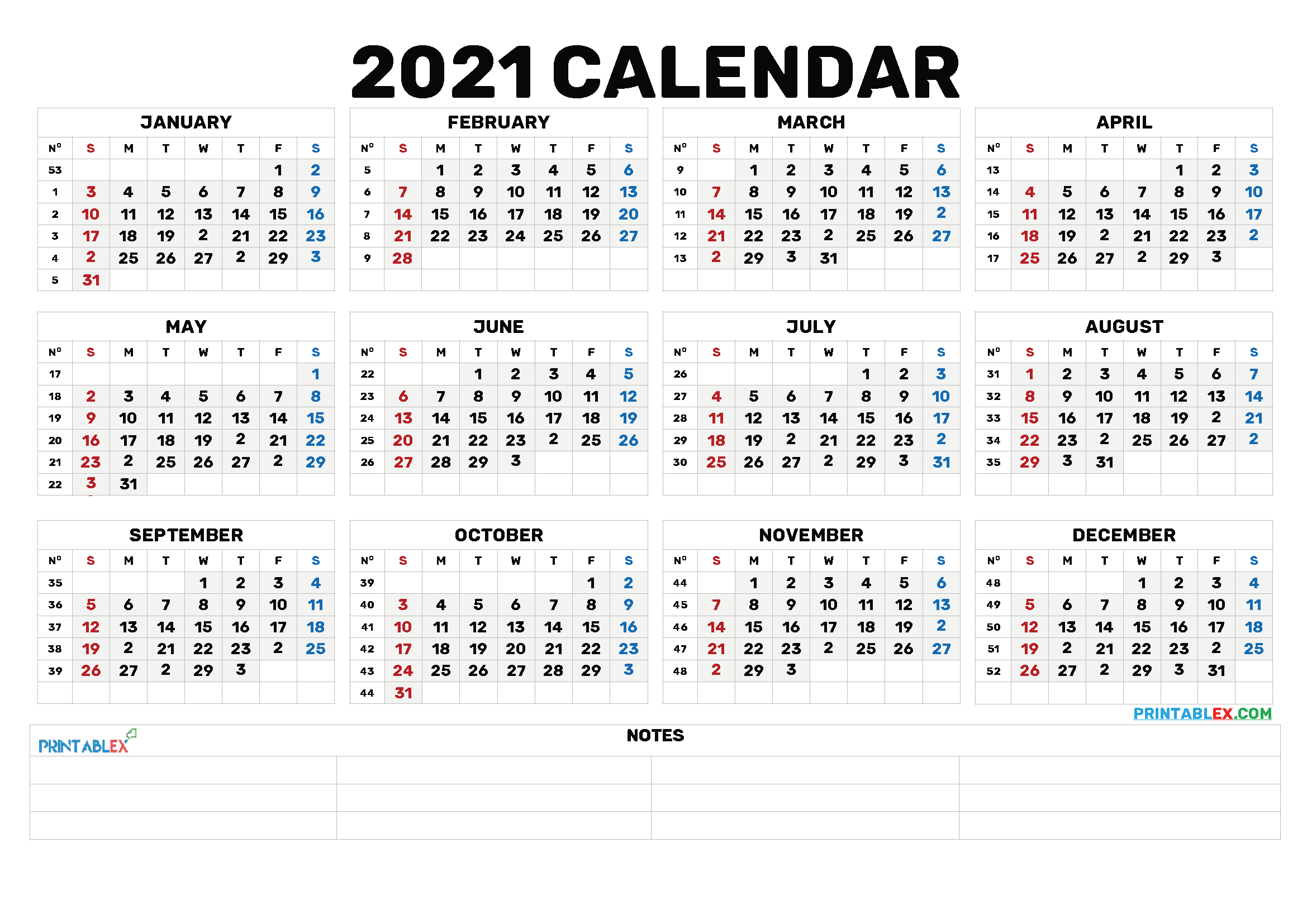 2021 Calendar With Week Number Printable Free : 2021