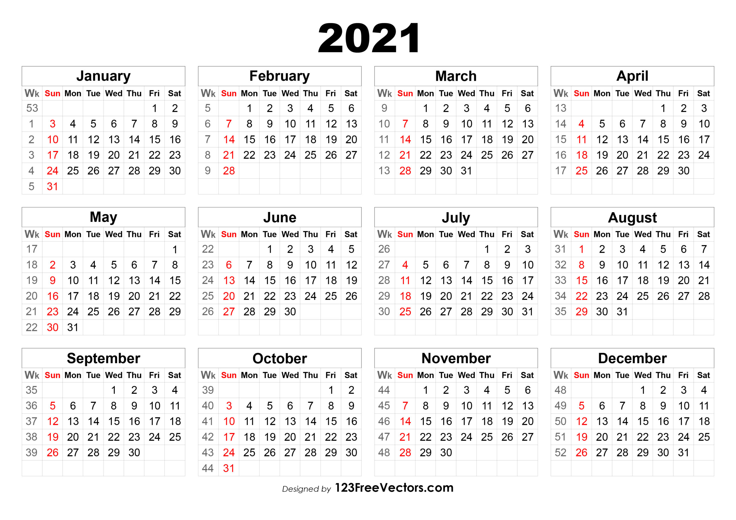 2021 Calendar With Week Number Printable Free - Calendar