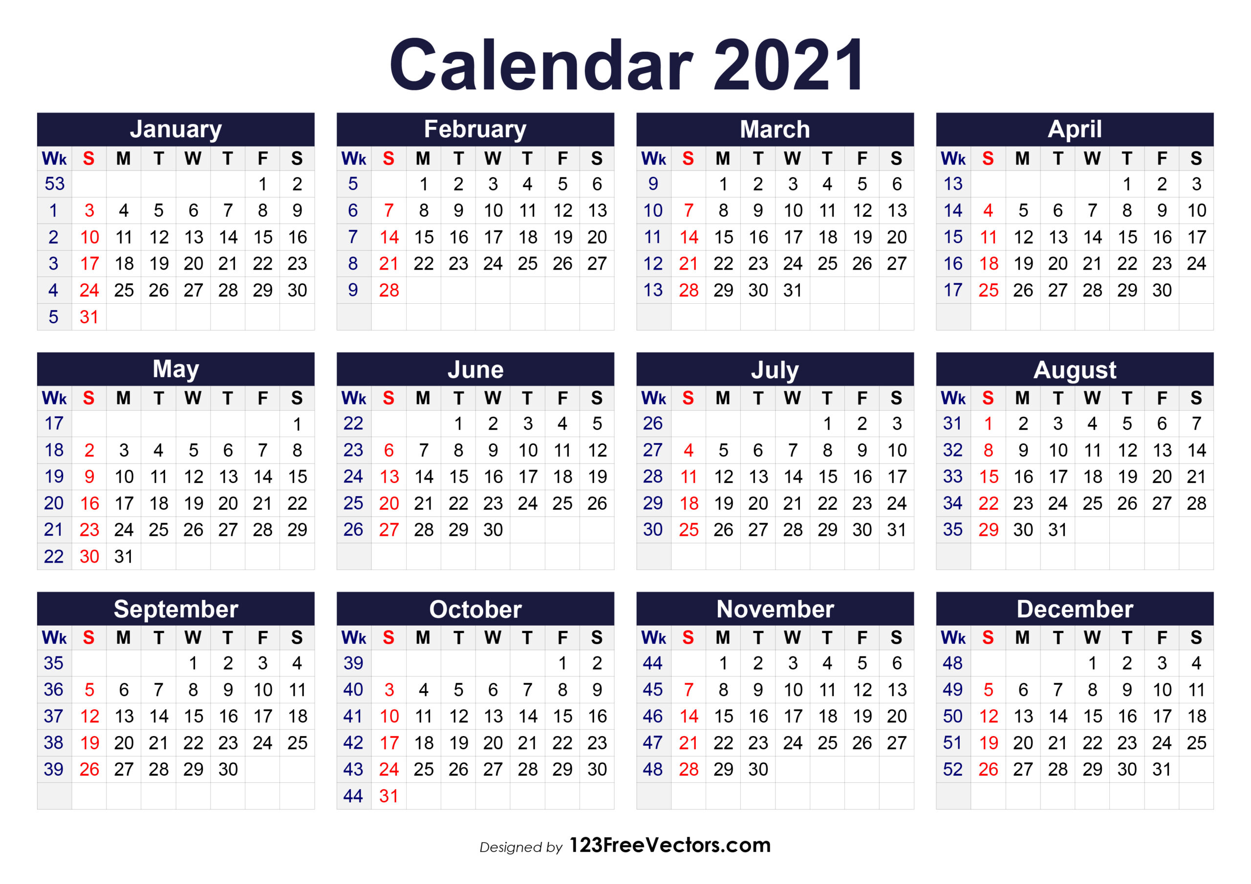 2021 Calendar With Week Number Printable Free - Calendar