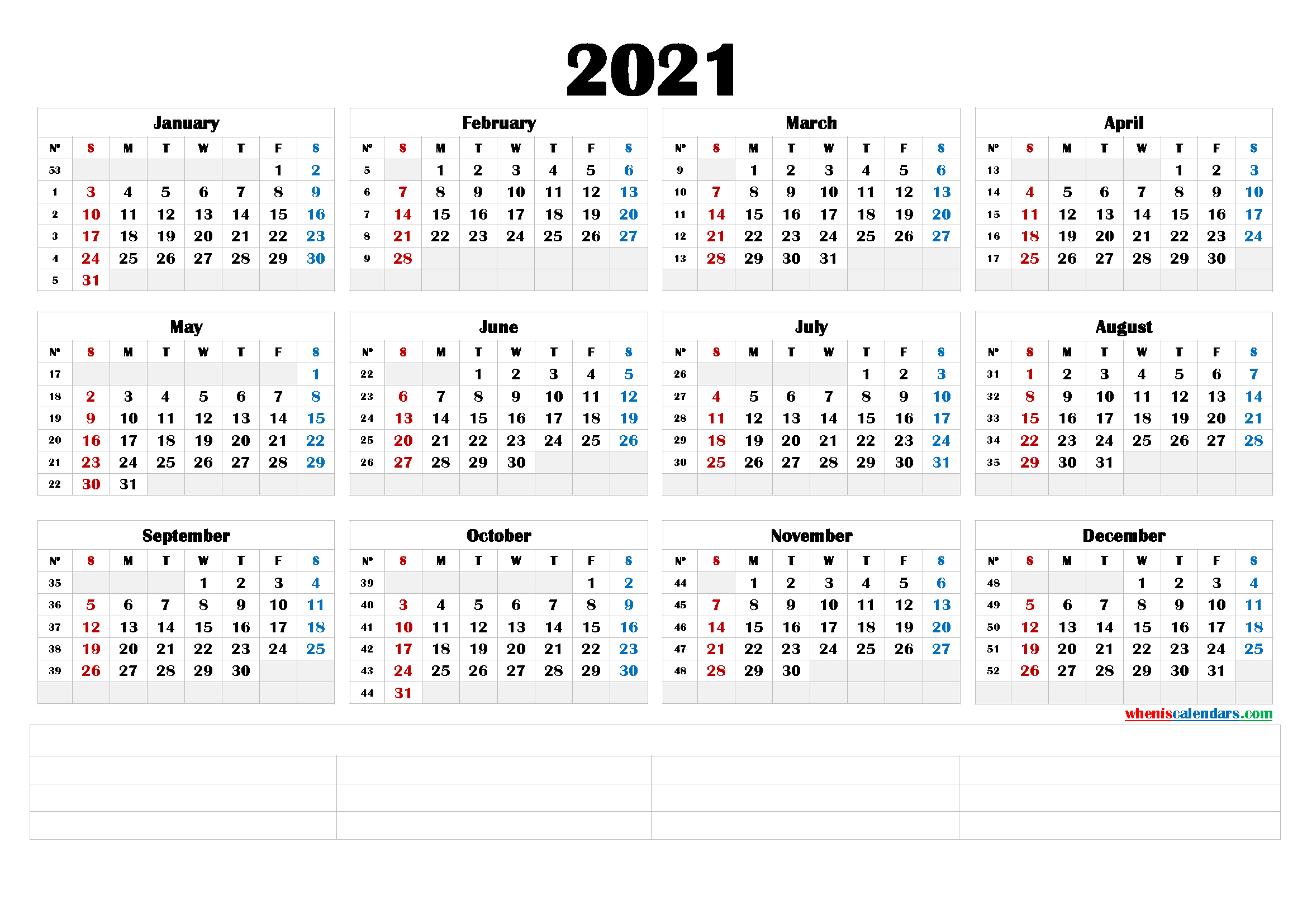 2021 Calendar With Week Number Printable Free : Free