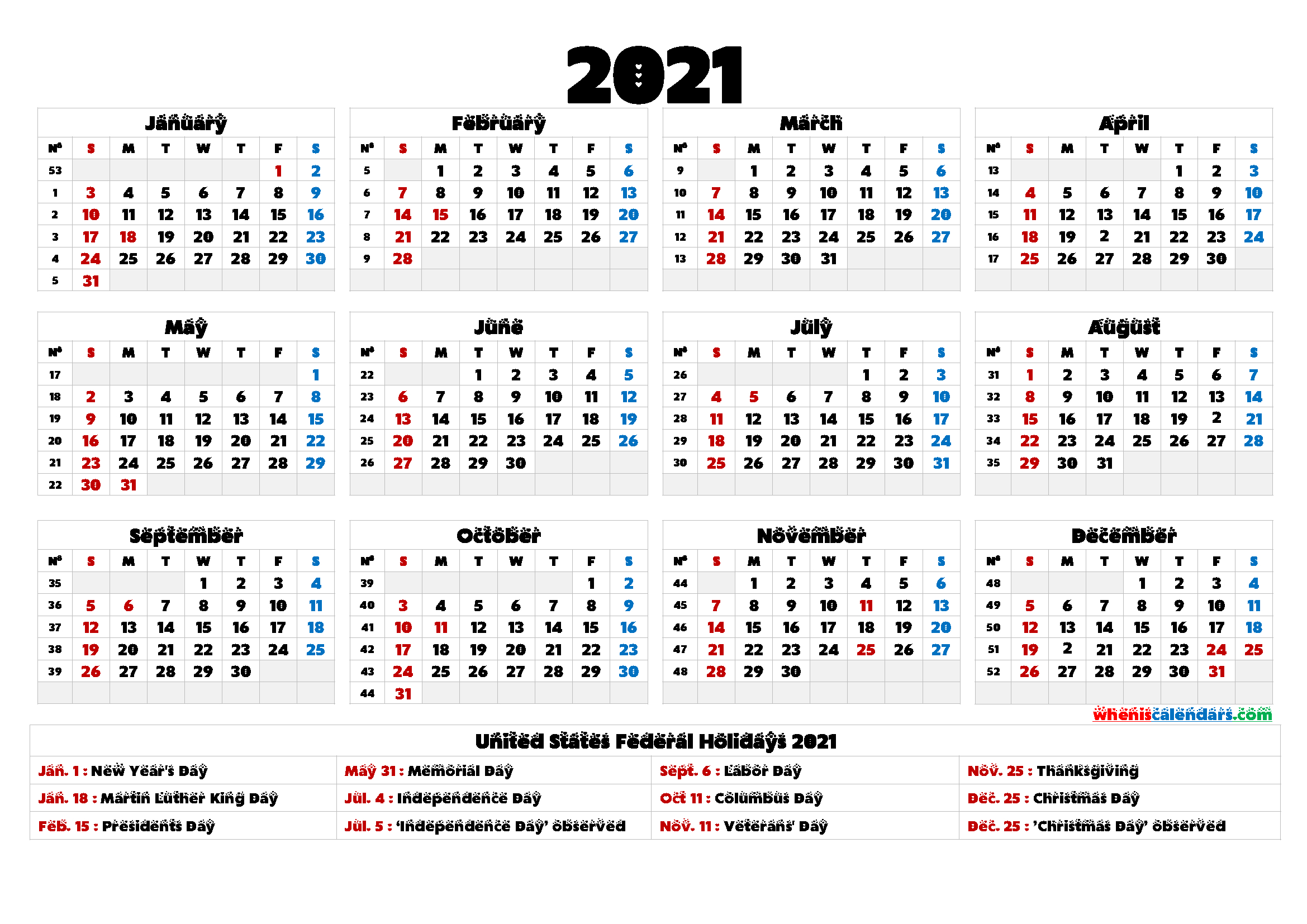 2021 Calendar With Week Number Printable Free - Free