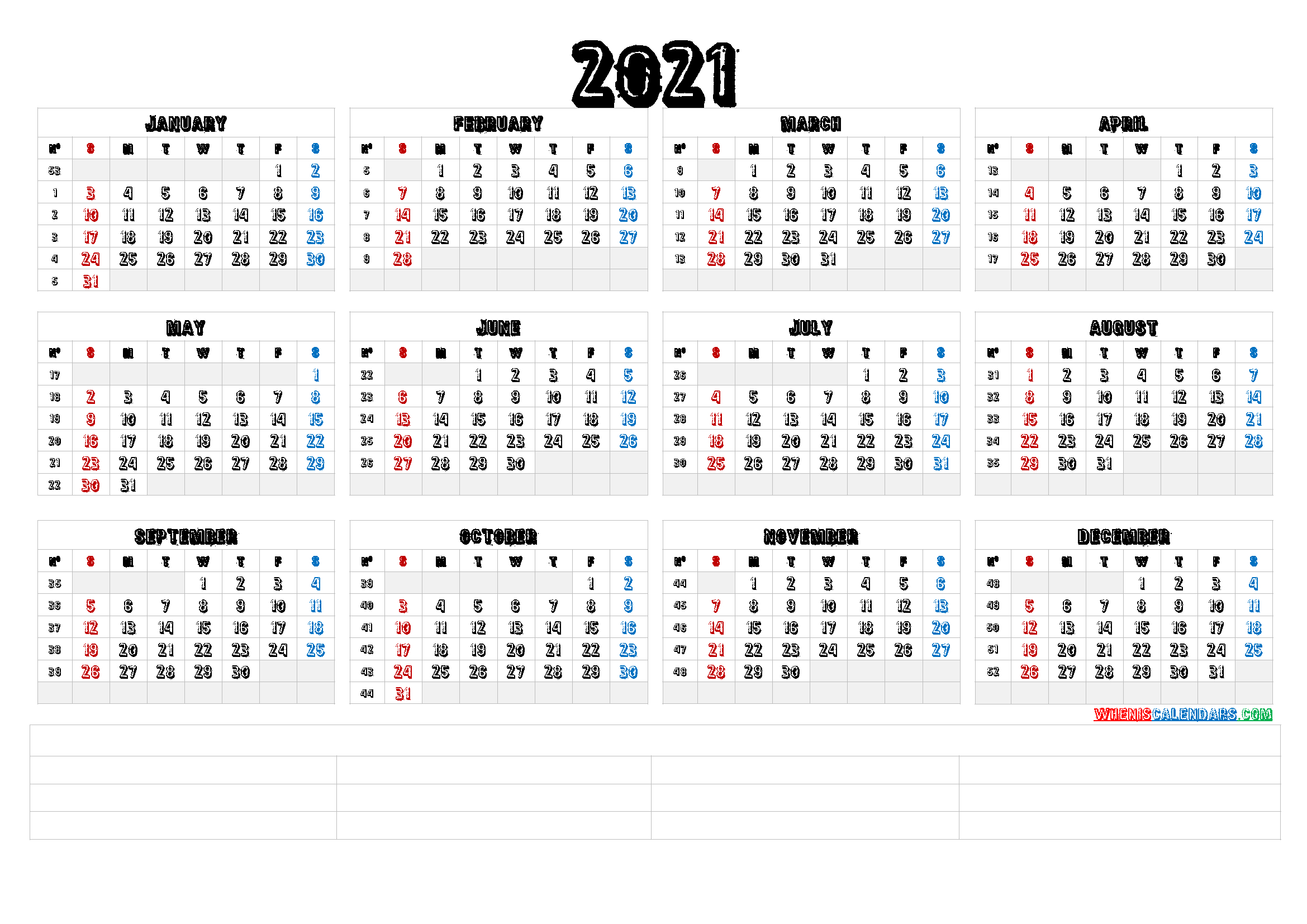 2021 Calendar With Week Number Printable Free : Week