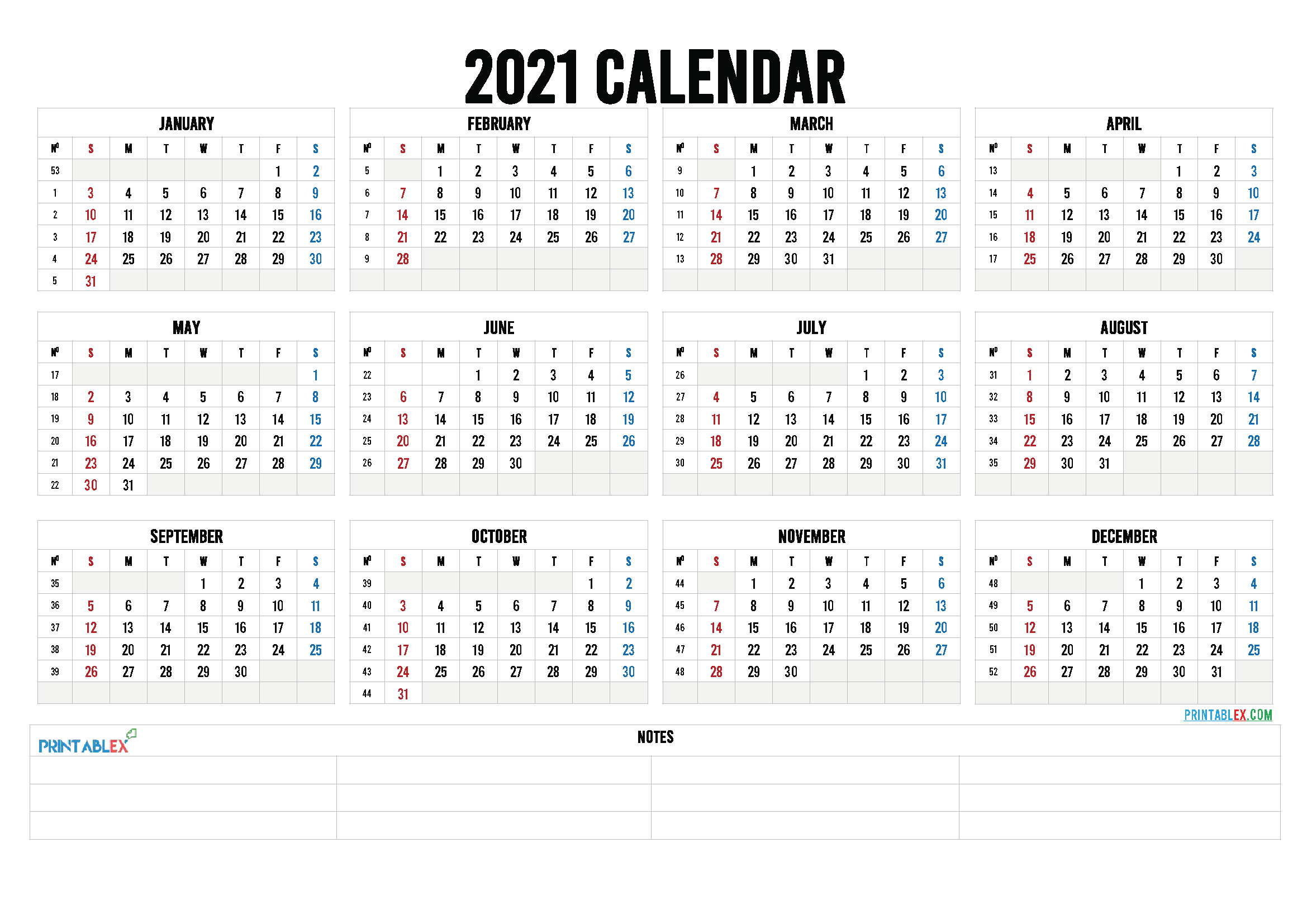 2021 Calendar With Week Number Printable Free : Weekly