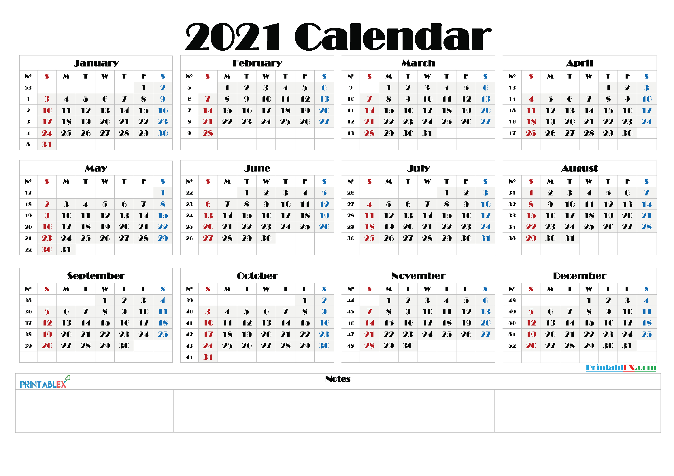 2021 Calendar With Week Number Printable Free : Weekly