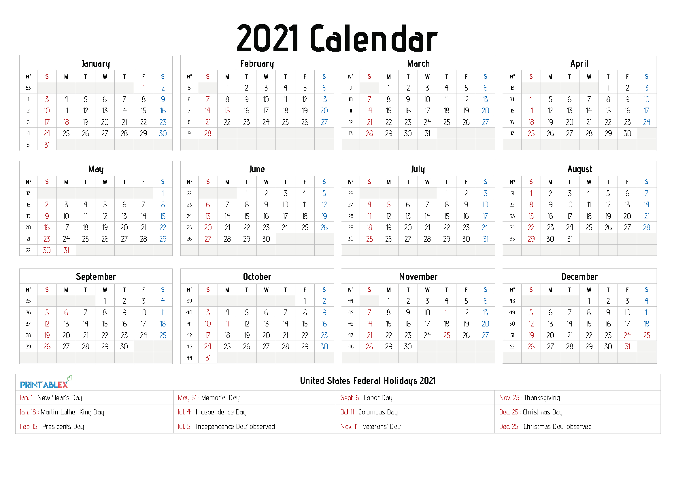 2021 Calendars With Holidays Printable - Printable Calendar