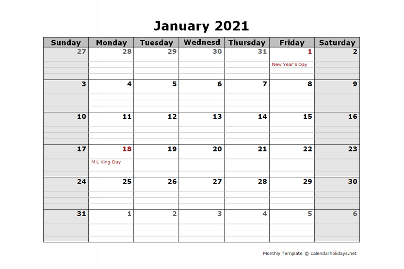 Printable Calendar 2021 With Space To Write