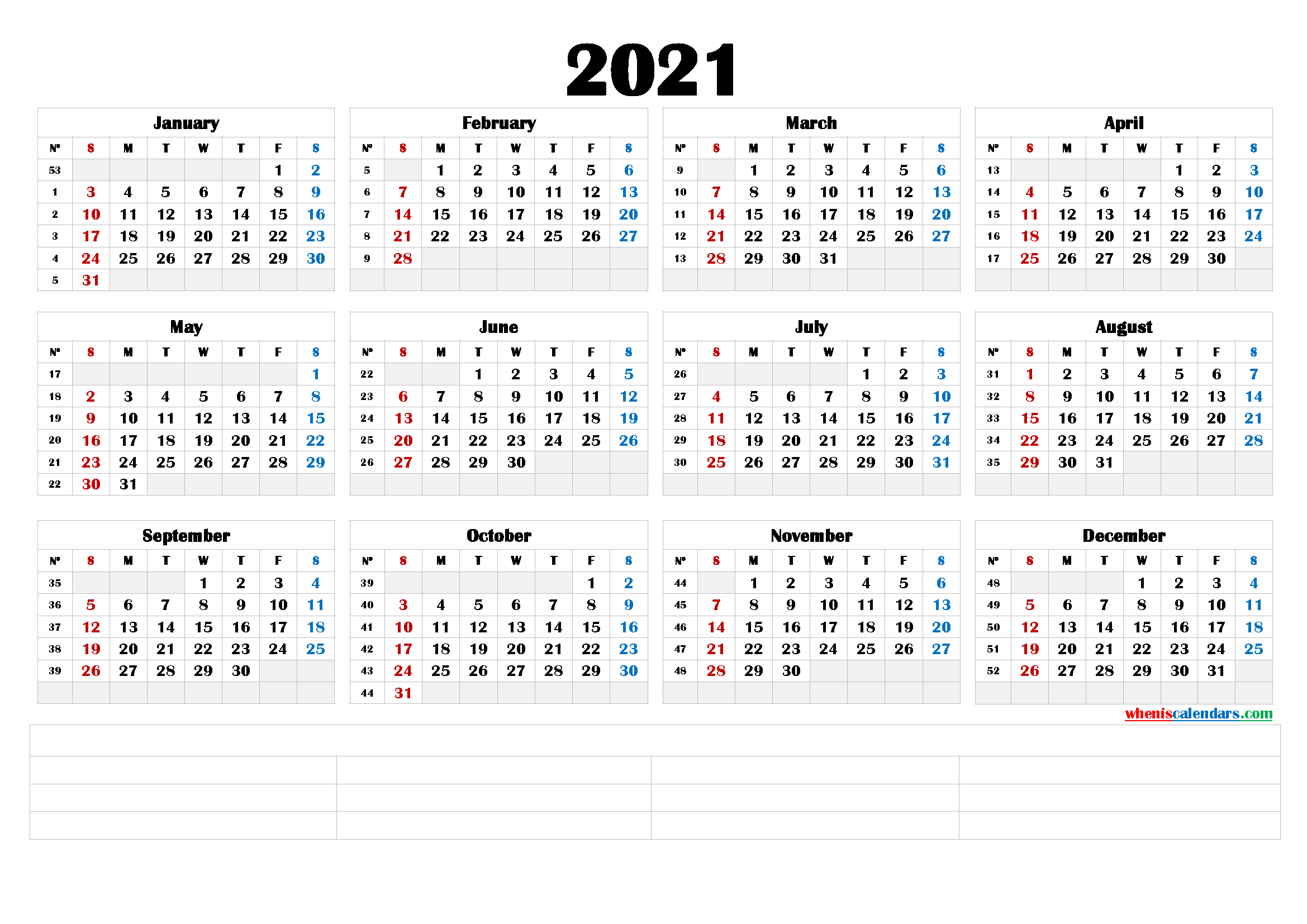 2021 Printable Yearly Calendar With Week Numbers (6 Templates)