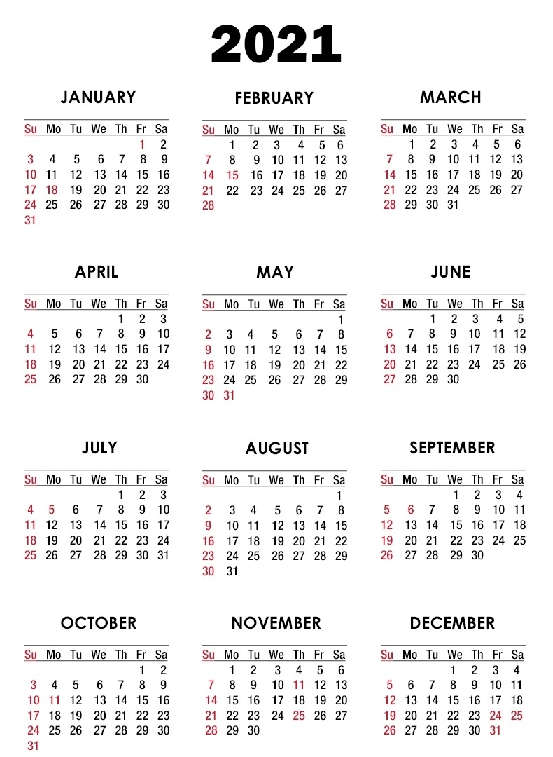 2021 Yearly Write In Calendars | Month Calendar Printable