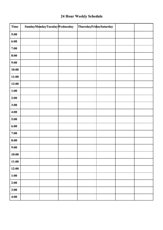 24 Hour Weekly Schedule Template Printable Pdf Download