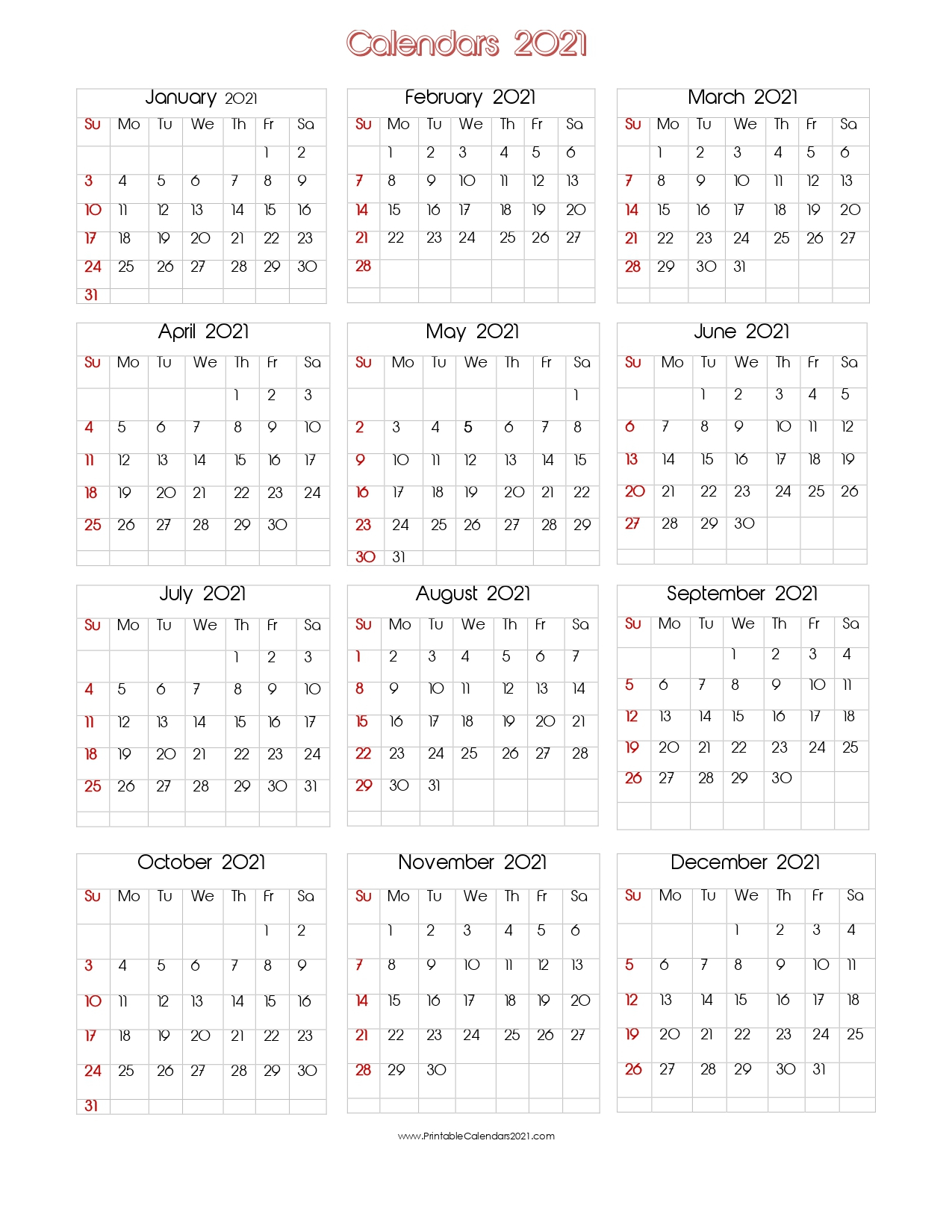 2021 Single Page 8.5X11 Calendar