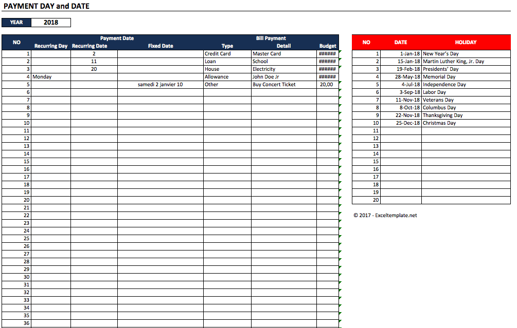 Bill Payment Calendar » Exceltemplate