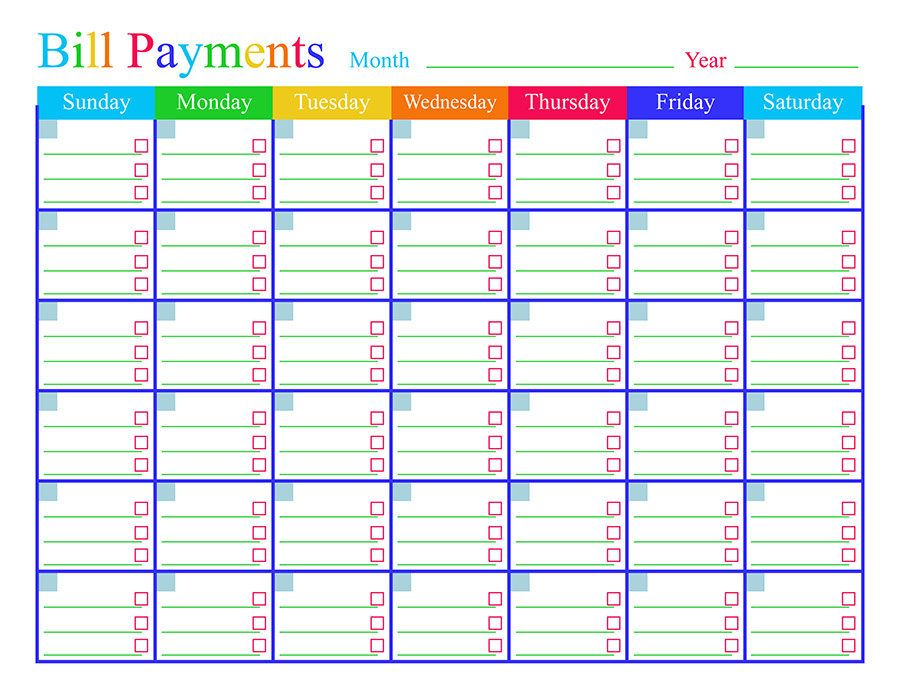 Bill Payment Calendar Printable