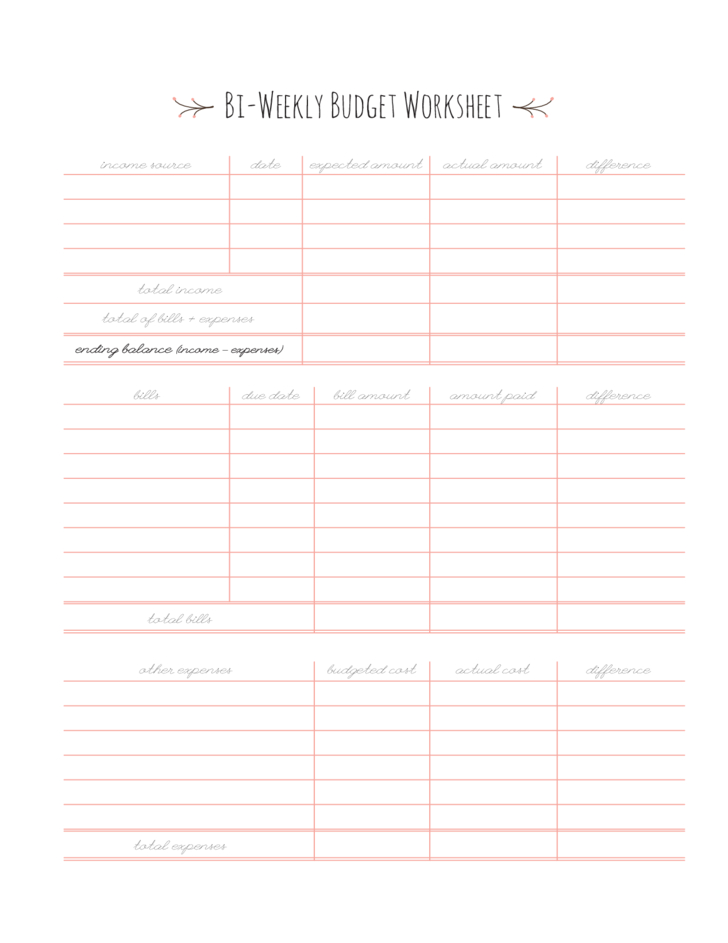 Blank Bi-Weekly Budget Worksheet Free Download