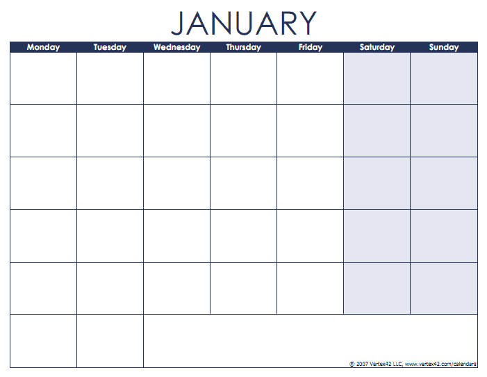 Blank Calendars With Month Names And Weekdays - Monday