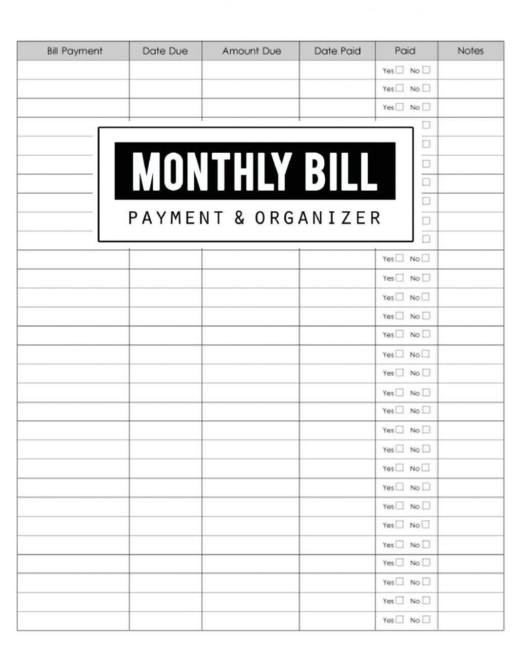 Blank Monthly Bill Payment Sheet | Free Calendar Template