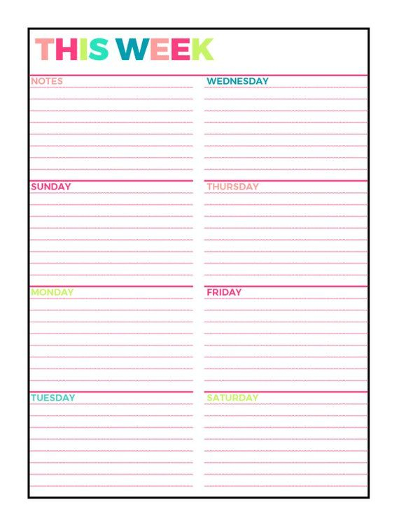 Bright Weekly Planner Printable, Week On 1 Page, Undated