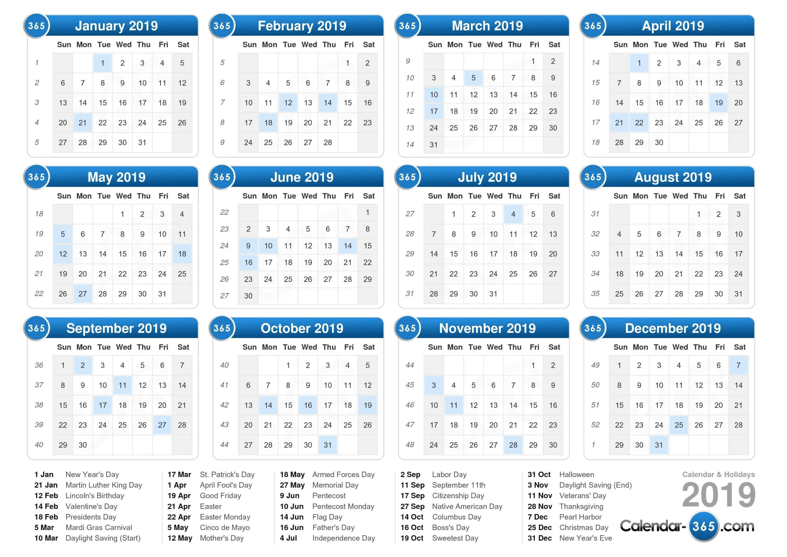 Calendar 2019 Special Days :-Free Calendar Template