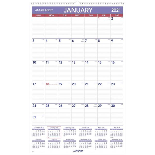 Calendar 2021 At-A-Glance Monthly Wall 30&quot; X 20&quot; Ea