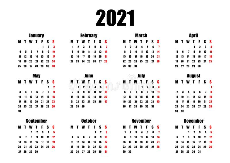 2021 Calendar Monday-sunday