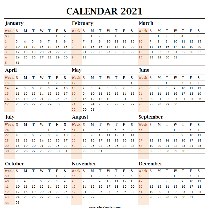 calendar by week number 2021