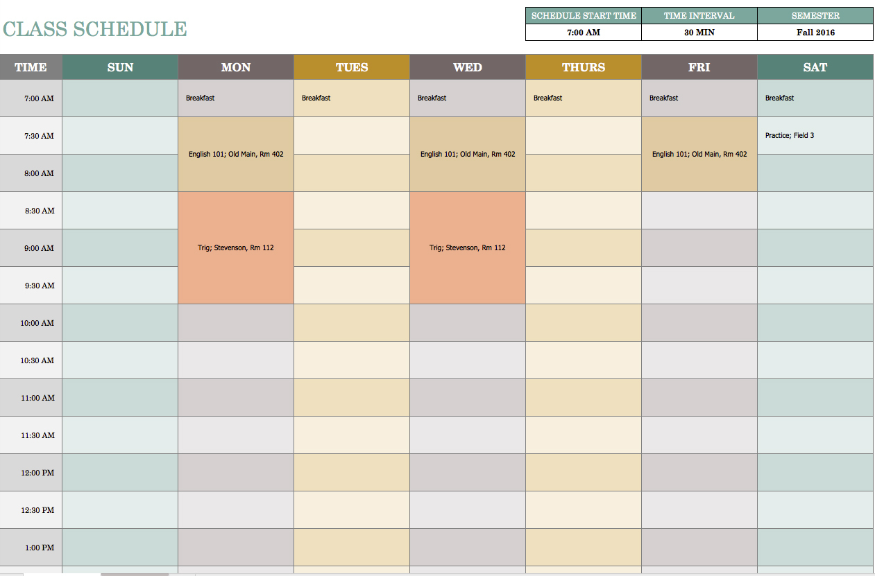 Class Schedule Template - Task List Templates