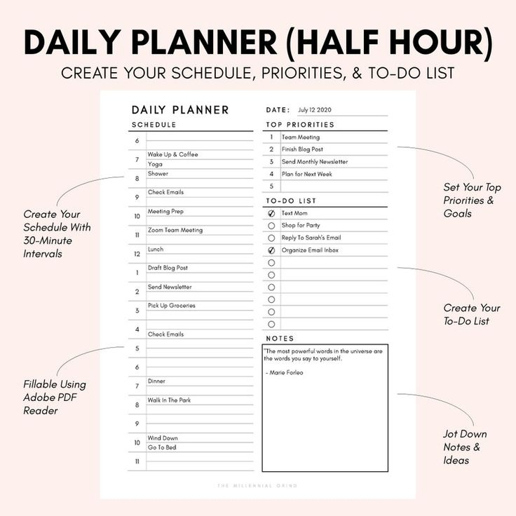 Daily Planner Half-Hour Daily Calendar Daily Schedule