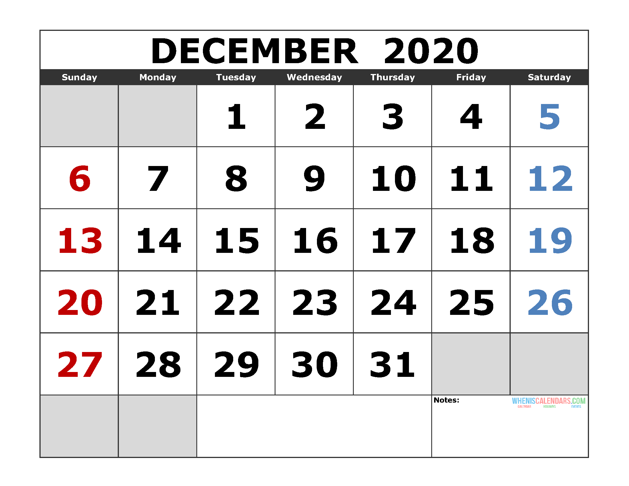 December 2020 Printable Calendar Template Excel, Pdf