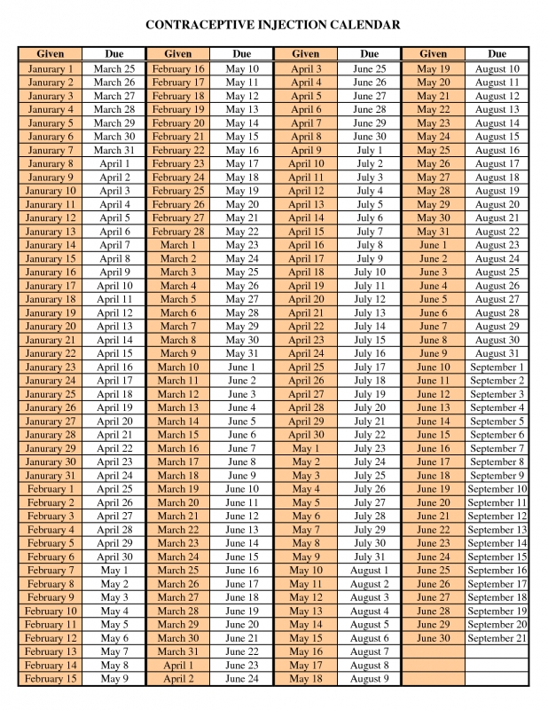 Depo Injection Due Date Calendar :-Free Calendar Template