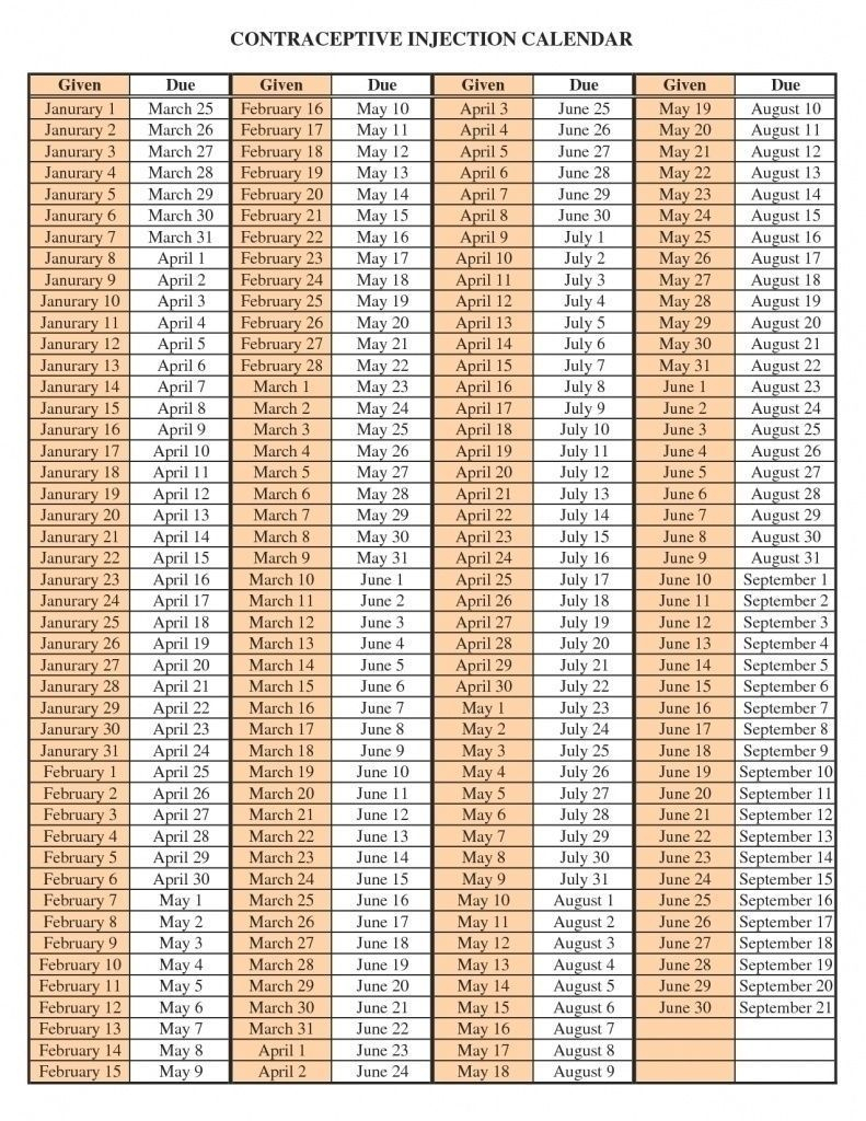 Depo Injection Schedule Pdf | Example Calendar Printable