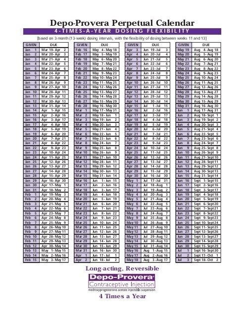 Depo Provera Perpetual Calender | Printable Calendar