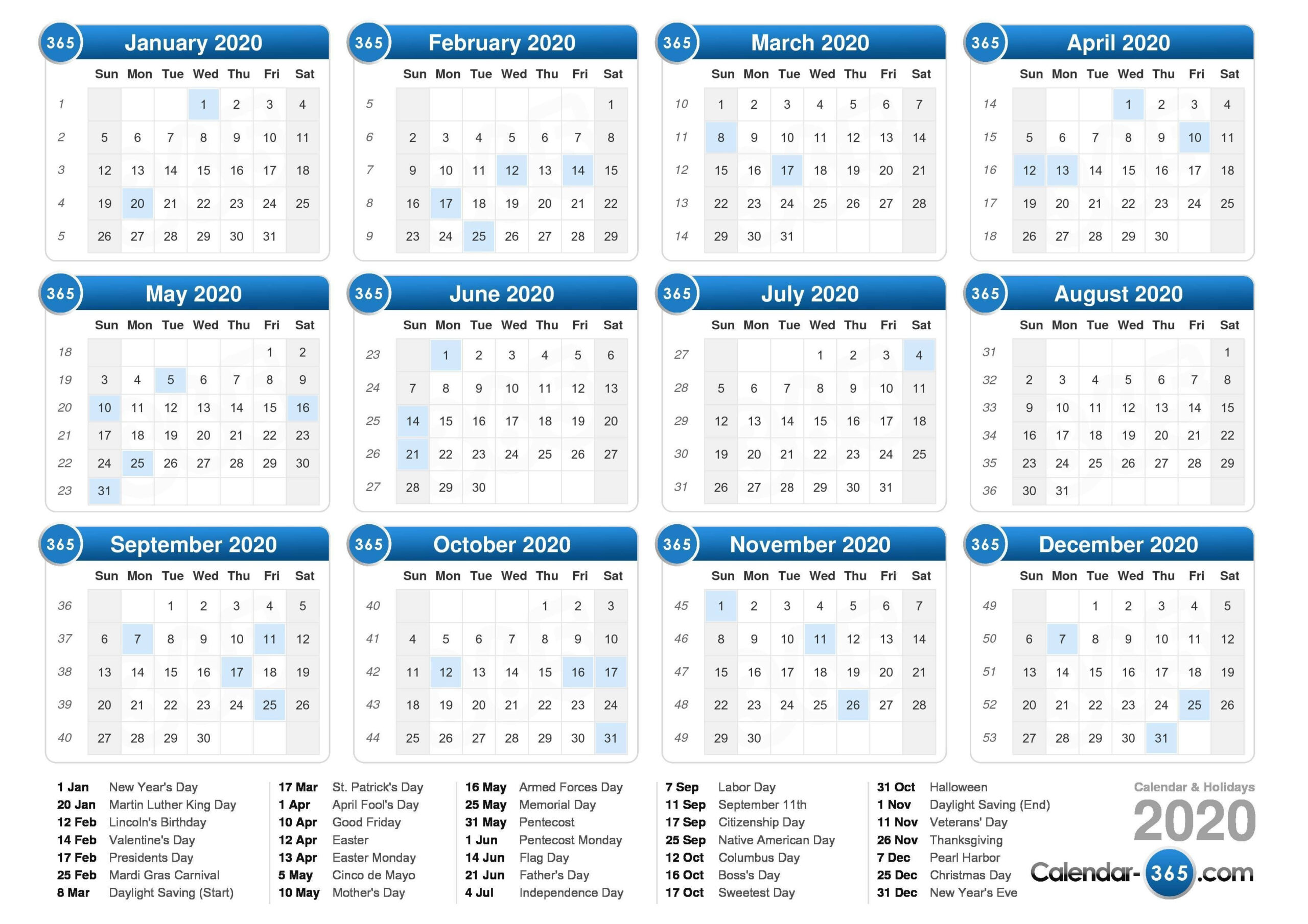 Excel Calendar With Week Numbers 2020 | Calendar Template