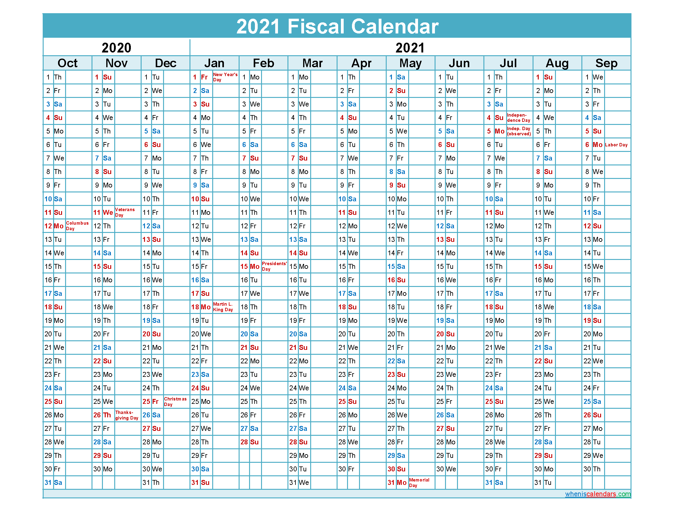 Federal Government Fiscal Year 2021 Calendar