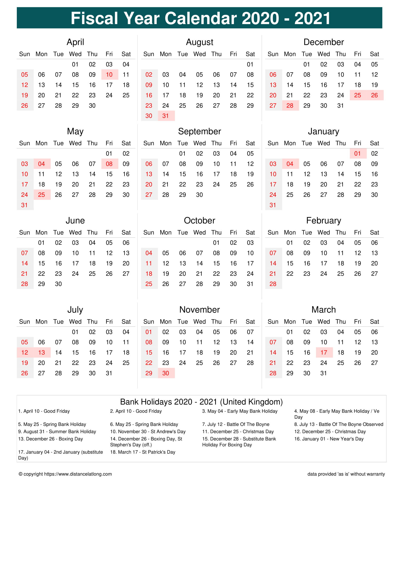 Fiscal Portrait Calendar Vertical Week Underline With