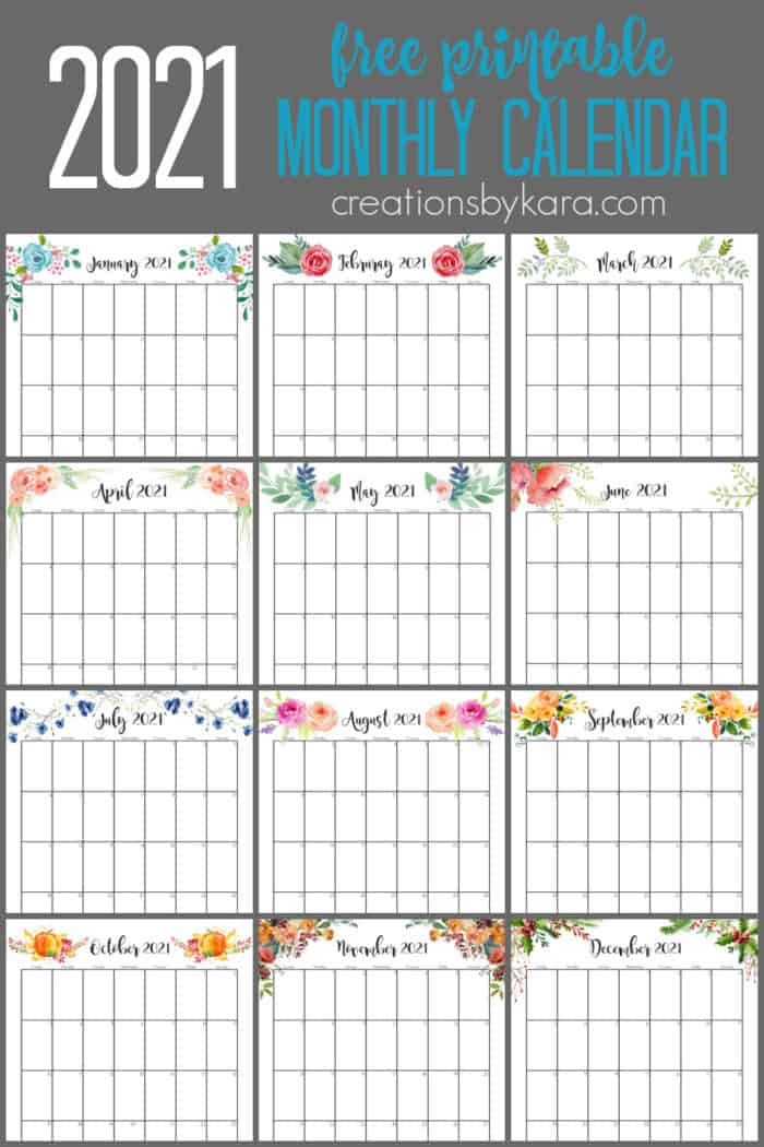 Printable Monthly Calander 2021 No Download