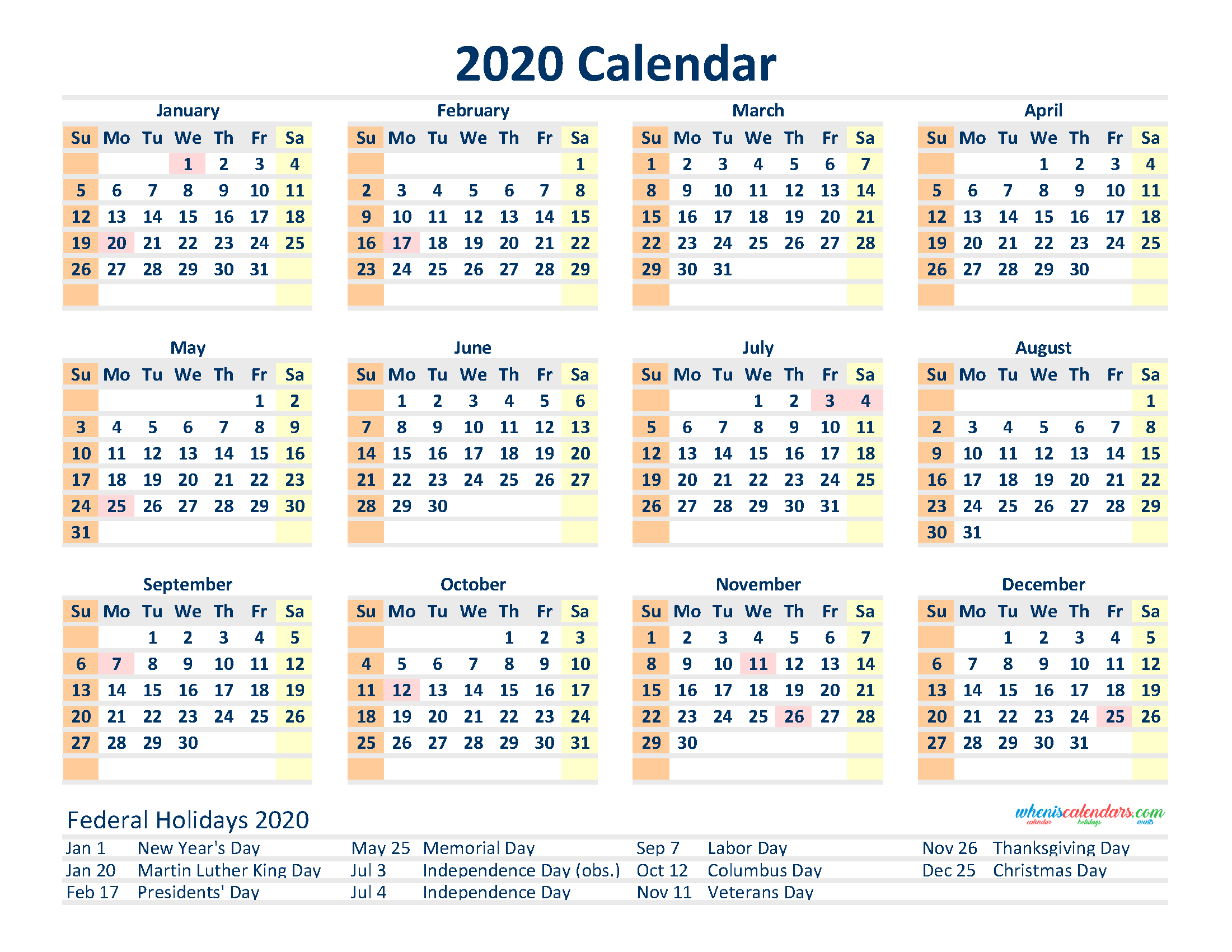 Free 2020 12 Month Calendar Printable Pdf, Excel, Image