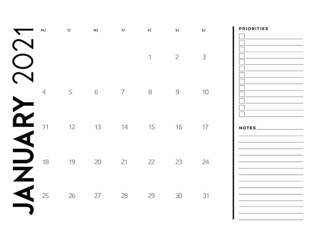 Free 2021 Calendar Priorities And Notes - World Of Printables