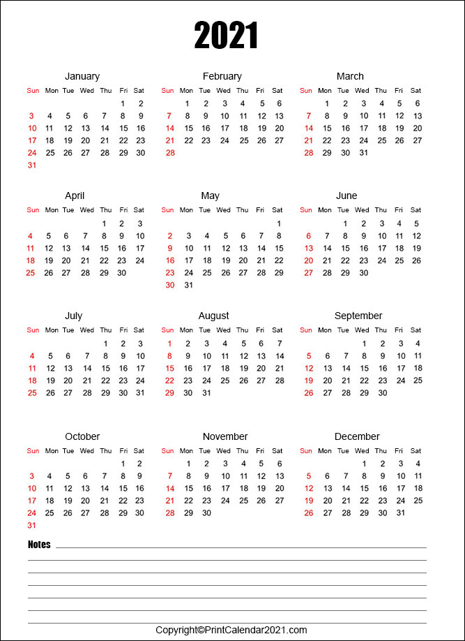 Free 2021 Calendar With Notes