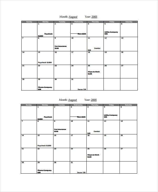 Free 6+ Sample Bill Calendar Templates In Pdf