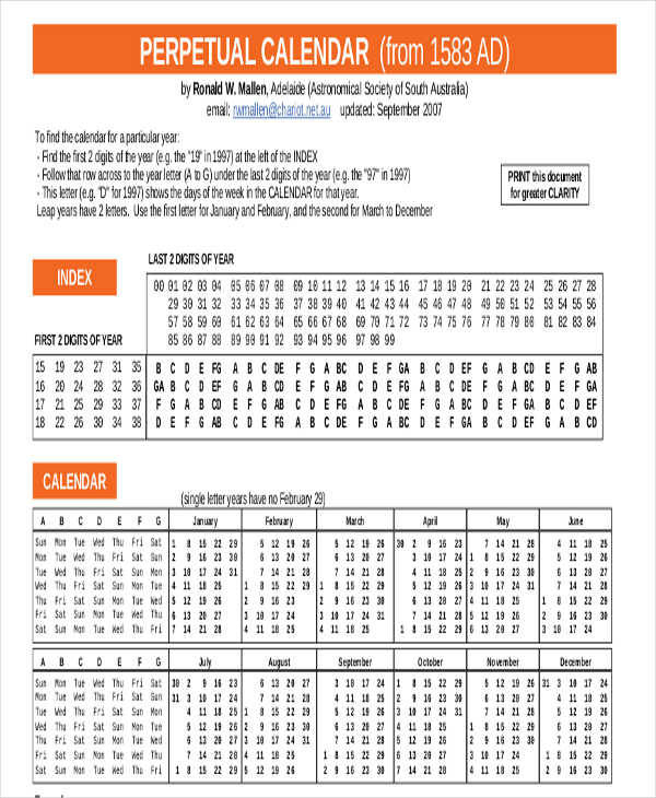 Perpetual Calendar Yangah Solen Free Perpetual Calendar Chart 