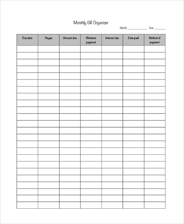 Free 9+ Sample Bill Organizer In Pdf | Ms Word | Excel