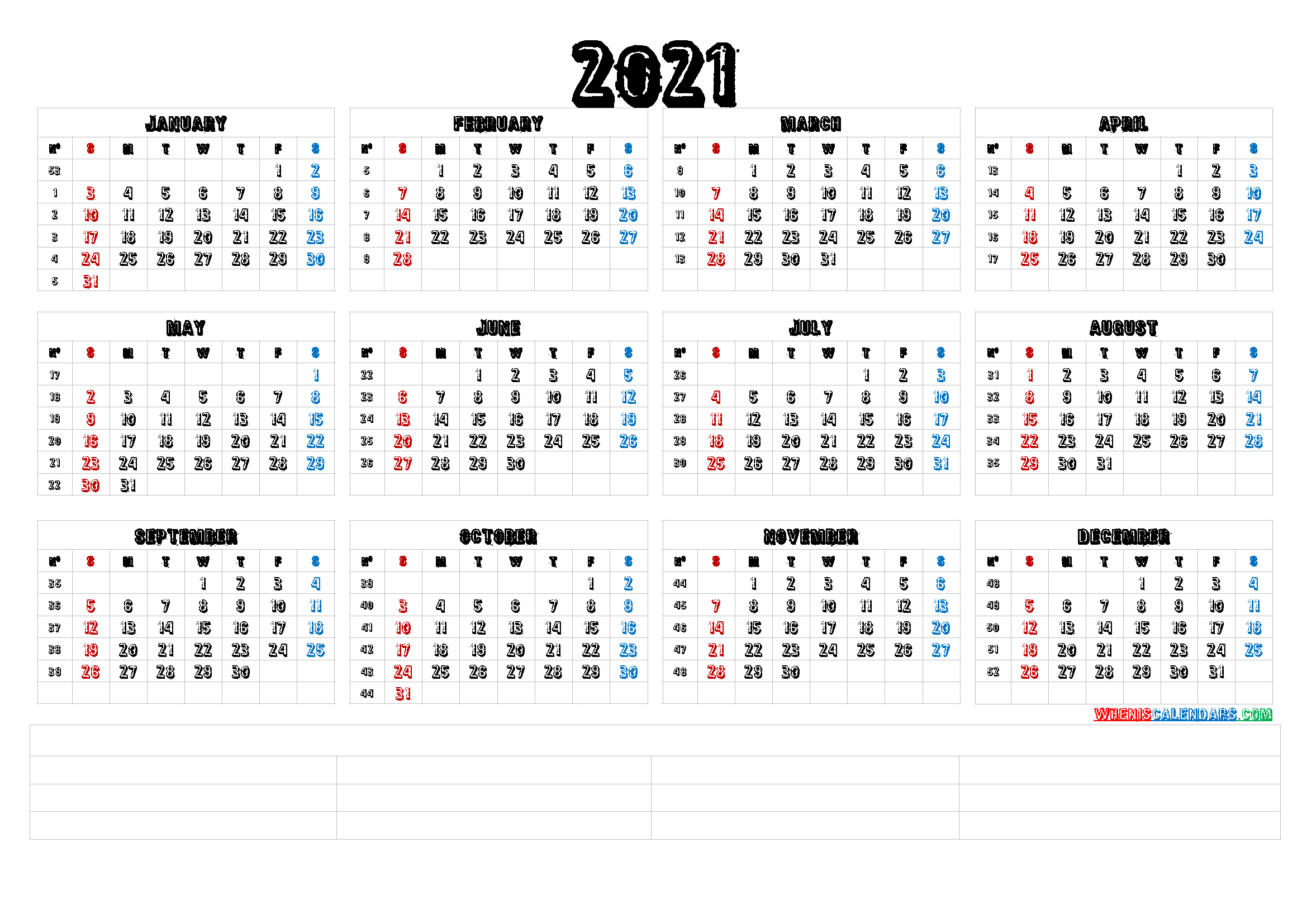 Free Printable 12 Month 2021 Calendar With Lines | Free